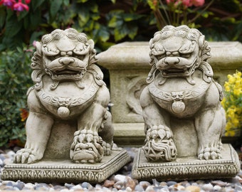 Pair of foo dog stone statues | oriental dragon animal buddha large outdoor garden ornament