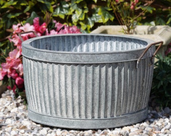 Large Galvanised dolly tub with handles | metal planter trough bowl ribbed outdoor garden flower pot