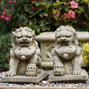 Pair of foo dog stone statues | oriental dragon animal buddha large outdoor garden ornament