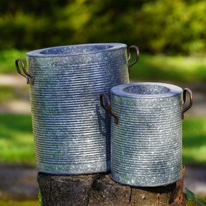 Floreira em balde galvanizado conjunto nervurado 2 | vaso de flores de jardim em aço metálico