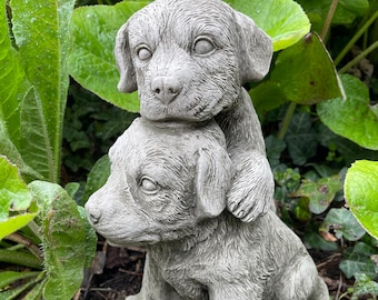 Pair of puppies stone garden statue | reconstituted outdoor dog animal ornament