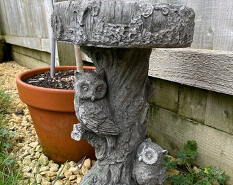 Barn Owl Bird Bath Stone Statue | Outdoor Vintage Feeder Animal Garden Ornament
