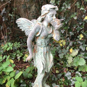 Cast iron nymph statue | antique verdigris fairy angel home garden ornament