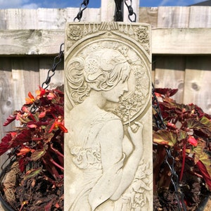 Reconstituted stone art deco lady plaque statue | vintage finish garden ornament