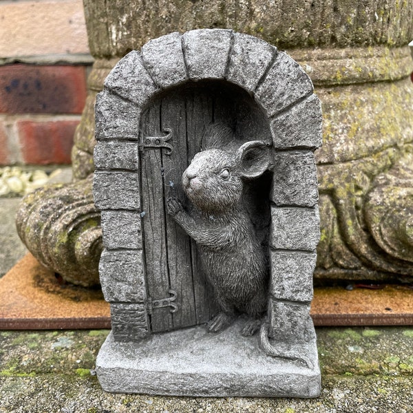 Statue en pierre de porte de souris | Ornement de décoration d'animaux d'arbre de maison en plein air de jardin