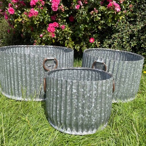 Galvanised zinc half dolly tub | set or 1 garden trough ribbed pot planter decor