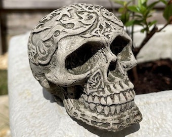 Fiery skull mini stone statue | gothic outdoor british garden ornament decor