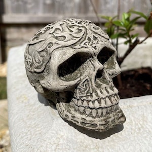 Fiery skull mini stone statue | gothic outdoor british garden ornament decor