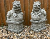 Reconstituted stone pair of foo dog statues oriental lion garden ornament Outdoor Concrete
