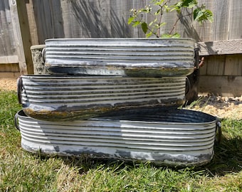 Set or 1 galvanised zinc white washed long planter | garden trough ribbed pot