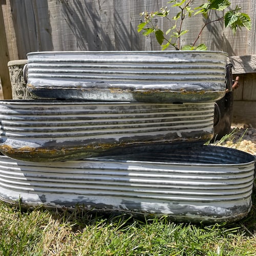 Set or 1 galvanised zinc white washed long planter | garden trough ribbed pot