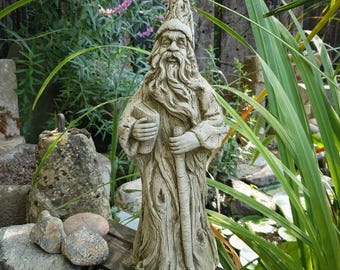 Statue en pierre de sorcier sorcier | Décoration d'ornement de jardin magique mythique en pierre extérieure