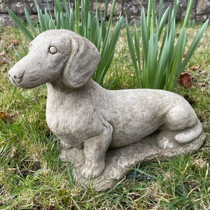 Pointing dachshund stone statue | standing puppy dog outdoor garden ornament