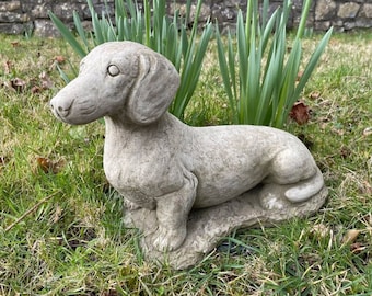 Pointing dachshund stone statue | standing puppy dog outdoor garden ornament