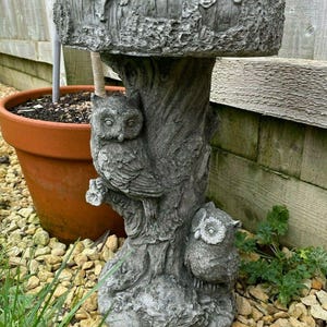 Barn owl bird bath stone statue | outdoor vintage feeder animal garden ornament