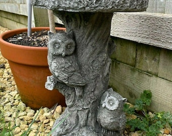 Barn owl bird bath stone statue | outdoor vintage feeder animal garden ornament