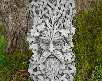 XL plaque en pierre celtique de Greenman | Ornement de décoration de statue de maison en plein air de jardin Sculpture celtique britannique