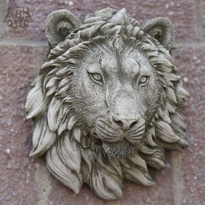 Lion head bust hanging plaque stone | african animal outdoor garden ornament