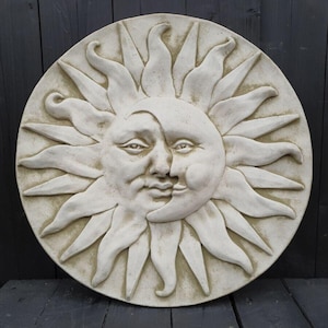 Xl sun moon stone hanging plaque | mediterranean outdoor statue garden ornament