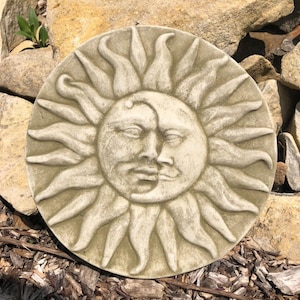 Sun + moon stone hanging plaque | mediterranean outdoor statue garden ornament