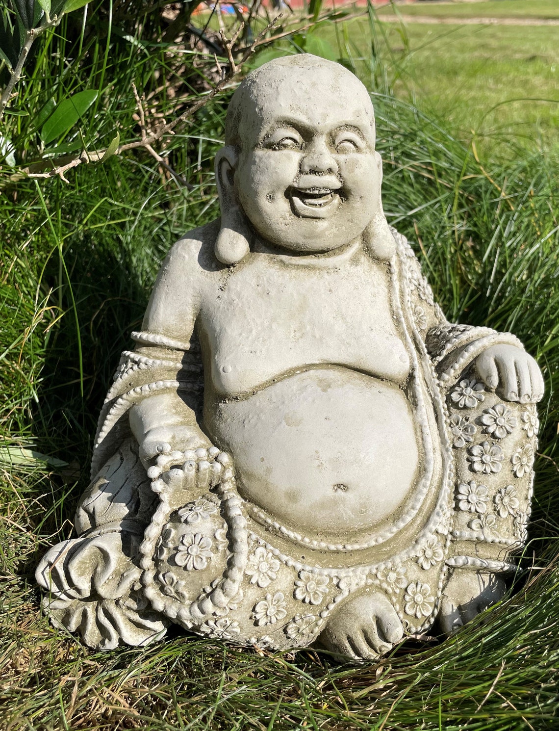 Laughing Buddha Stone Statue Monk Oriental Garden Outdoor Etsy