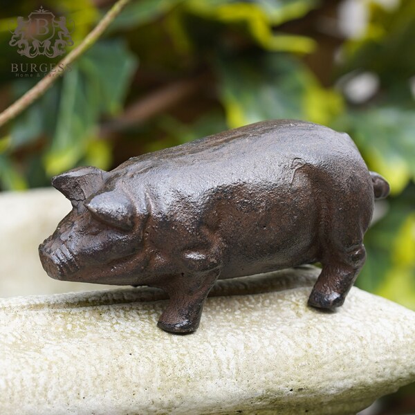Cast iron pig standing | antique style metal home garden ornament sculpture decor piggy piglet statue