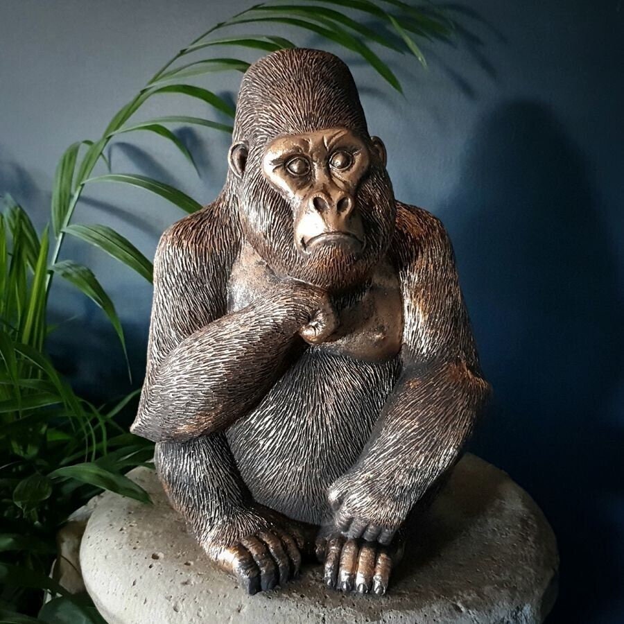 Gorilla Statue Bronze Finish | Monkey Ape Indoor + Garden Decoration  Ornament