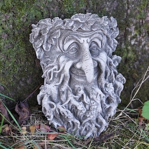 May include: A gray stone sculpture of a Green Man face, featuring a leafy crown and a beard of intertwined roots. The sculpture is set against a tree trunk and foliage, creating a natural, earthy aesthetic.