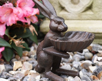 Cast iron hare bird feeder | bunny rabbit bath decor metal home garden ornament