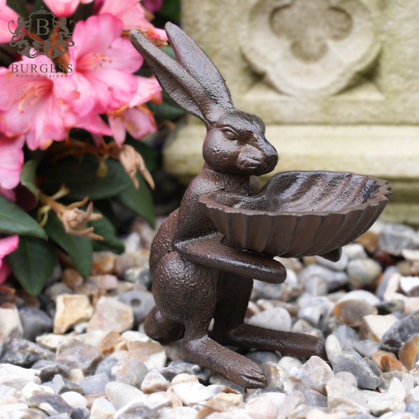 Cast iron hare bird feeder | bunny rabbit bath decor metal home garden ornament