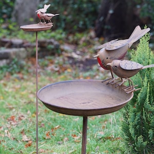 Könnte beinhalten: Vogelbad aus Metall mit dekorativen Vögeln. Das Vogelbad hat eine gealterte Bronzeoberfläche und wird von einem schlanken Pfosten getragen. Zwei Vögel sitzen am Rand des Bades, während drei Vögel auf einer kleineren Plattform sitzen. Die Vögel haben rote Brust.