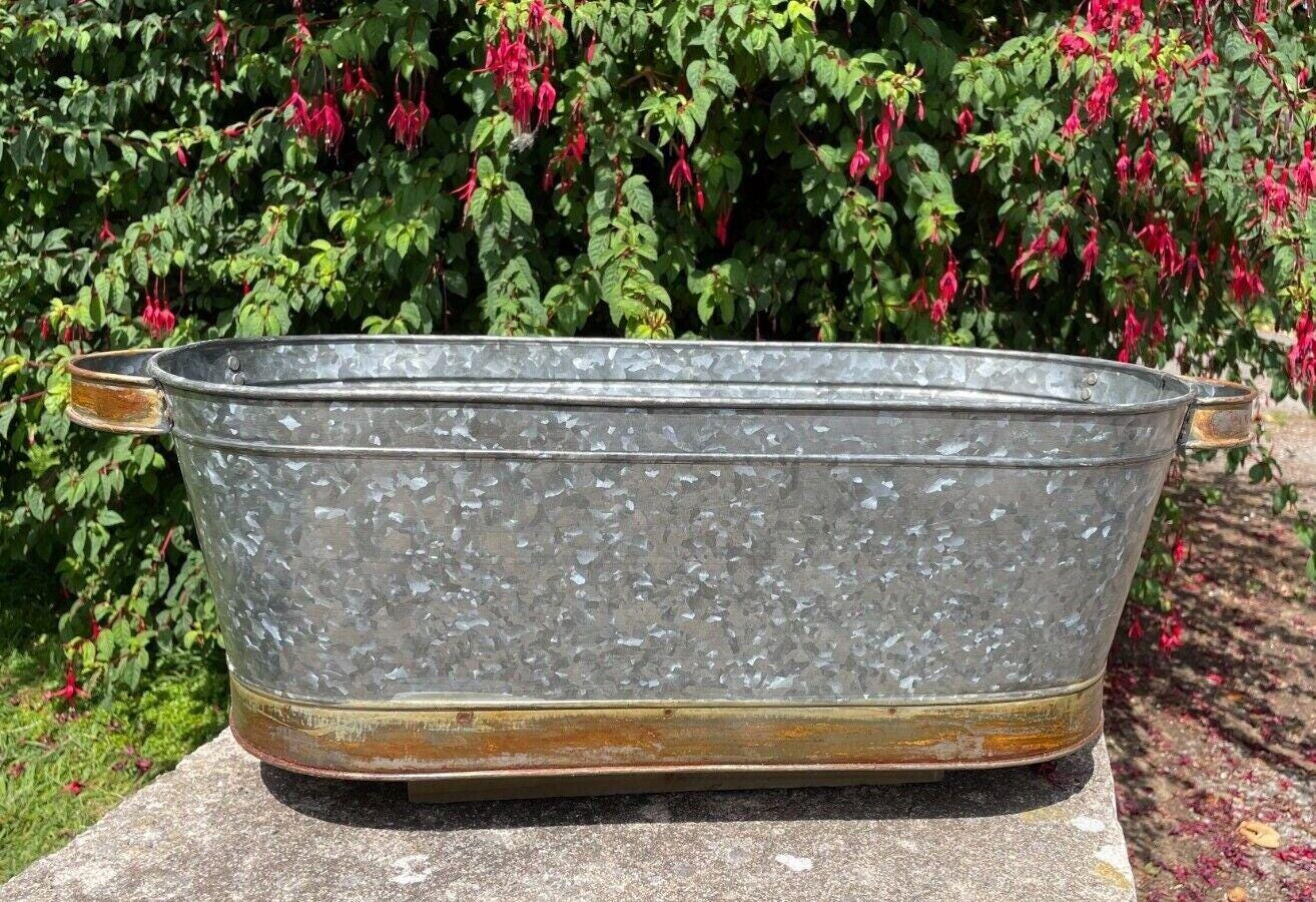 Set or 1 Galvanised Zinc Large Metal Planters Troughs Outdoor Garden ...