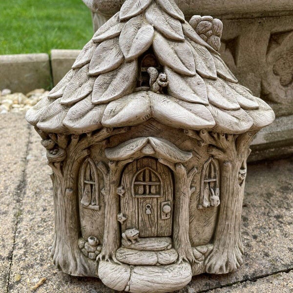 Estatua de piedra de casa de hadas/adorno decorativo de animal de árbol de casa de jardín al aire libre