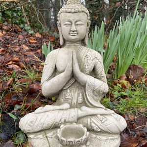 Lotus tealight buddha stone statue | monk oriental garden outdoor decor ornament