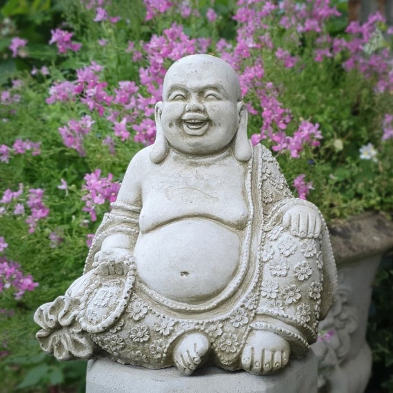 Statue en pierre de bouddha rieur moine oriental jardin extérieur décoration  ornement -  France