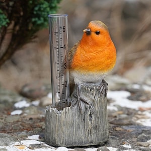 May include: A decorative rain gauge featuring a detailed robin perched on a faux wooden stump. The bird has vibrant orange and brown plumage. The clear tube measures rainfall up to 5 inches.