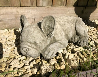 Statue de bouledogue français en pierre reconstituée | ornement de jardin en béton vintage décoration extérieure pour chien