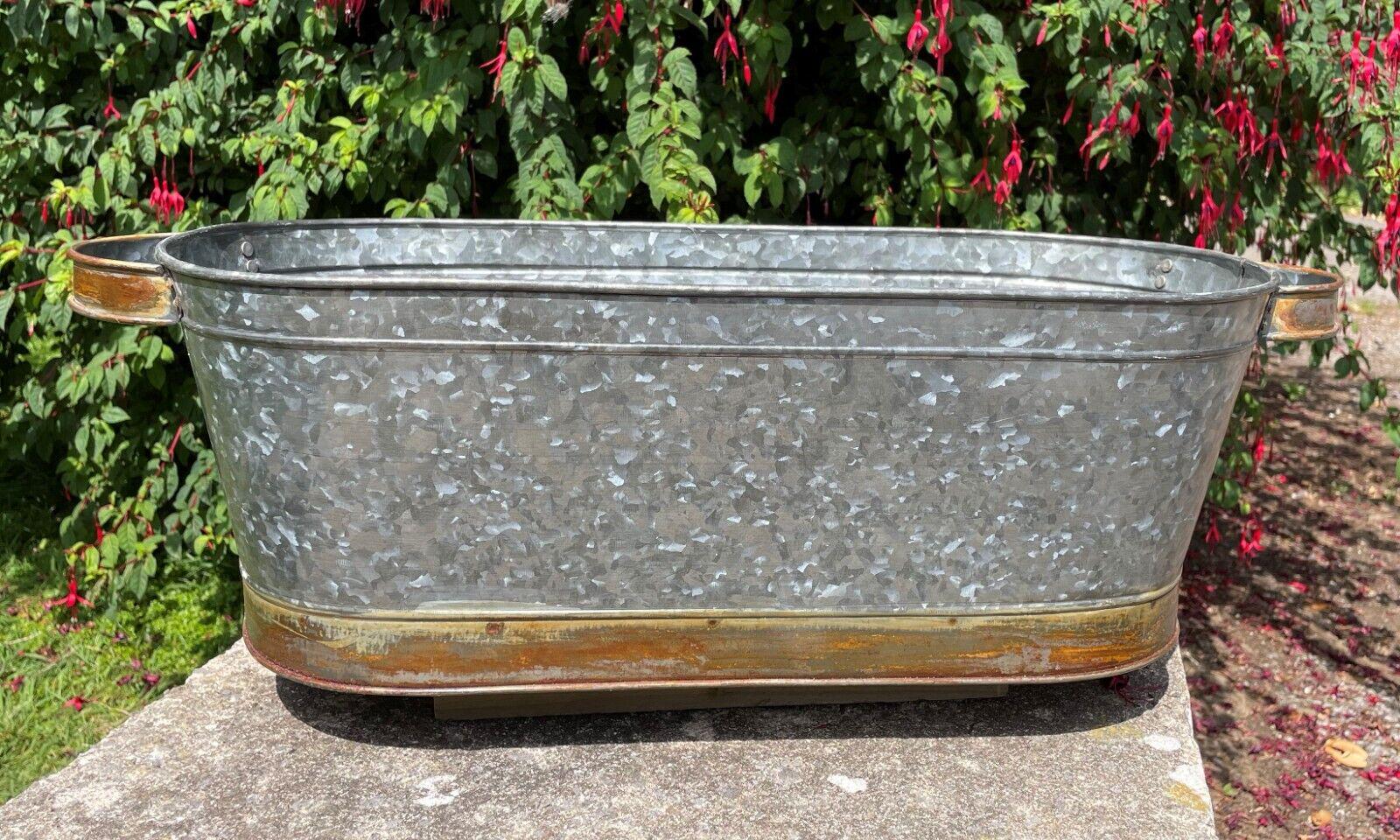 Large 61cm galvanised zinc metal planters | rustic trough outdoor garden flower l