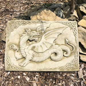 Celtic welsh dragon plaque statue | reconstituted stone concrete hanging outdoor garden ornament