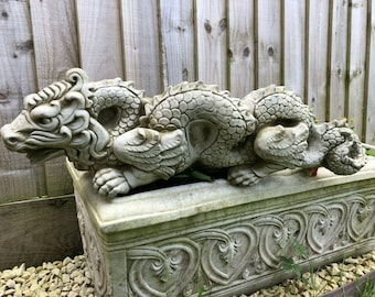 Reconstituted stone chinese dragon statue | vintage mythical garden oriental outdoor ornament