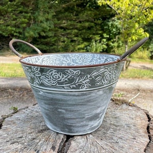 Vaso de flores galvanizado com alças | calha para plantador de aço e metal para jardim externo