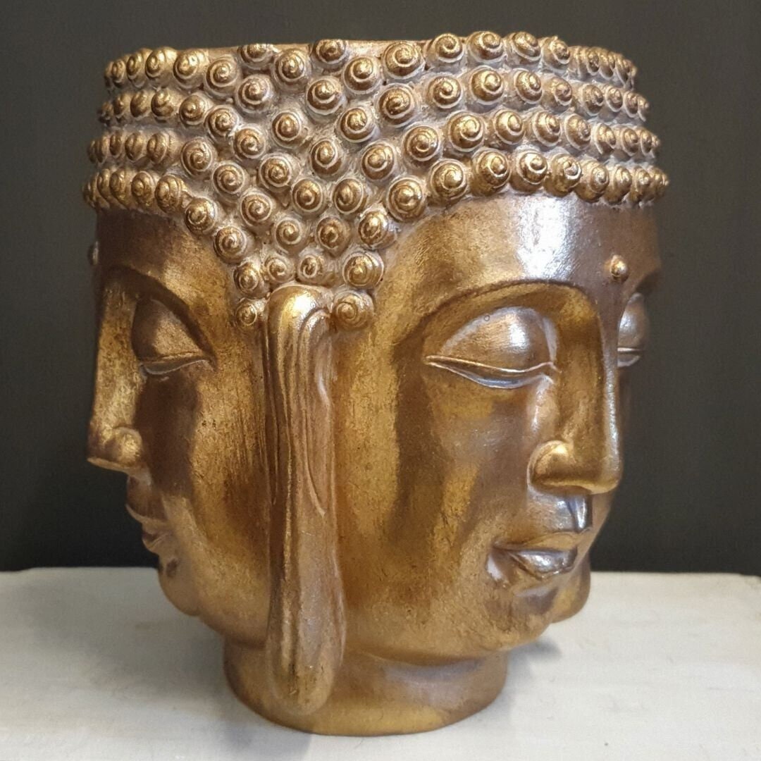 Buddha Head Resin Planter in Gold Finish Oriental Indoor Garden Decor