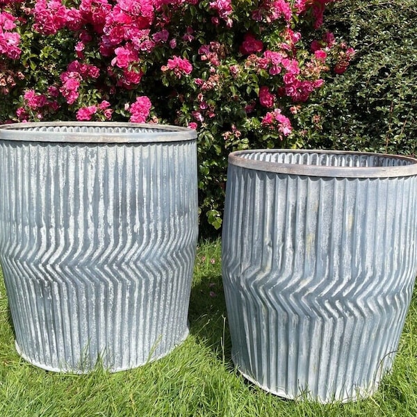 Galvanised chevron dolly tub set 2 or single | metal steel garden flower pot trough planter