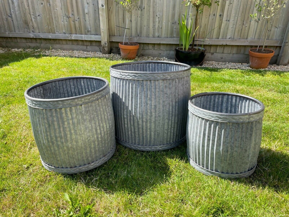 Galvanised zinc ribbed dolly tub metal planters set or 1 Etsy