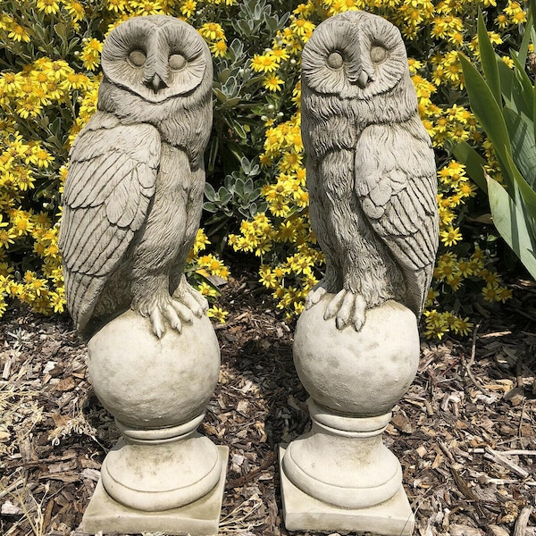 Pair of barn owl finials statues | reconstituted stone concrete outdoor bird garden ornament