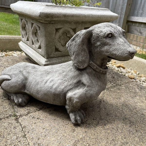 Standing Dachshund Stone Statue |Reconstituted Puppy Dog Outdoor Garden Ornament