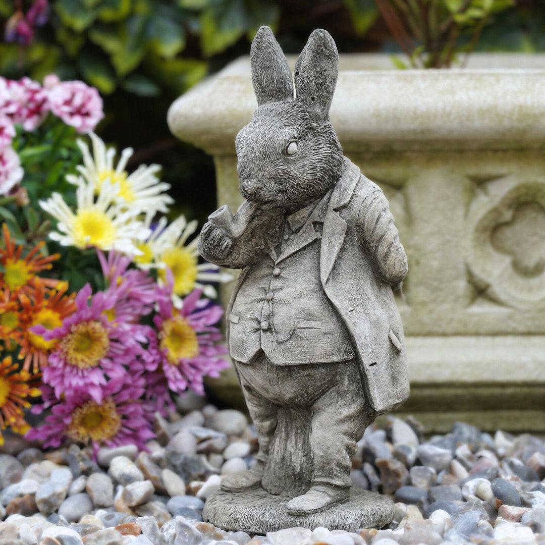 Rabbit Smoking Hare Stone Statue | Animal Bunny Outdoor Decoration ...