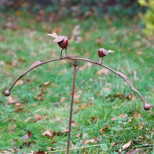 Può includere: Un ornamento da giardino in metallo con due sculture di pettirossi appollaiati su un ramo curvo. Gli uccelli hanno il petto rosso e si stagliano su uno sfondo di erba verde e foglie cadute. L'ornamento è in metallo marrone arrugginito.