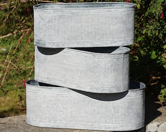 Large Ribbed Metal Planters Outdoor Garden Trough Flower Pot Antique Style Galvanised Planter Troughs