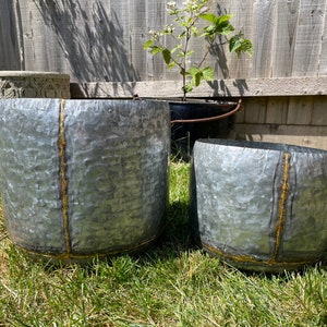 Set or 1 Galvanised Zinc Gold Stripe Metal Pots Planters |Hanging Garden Troughs